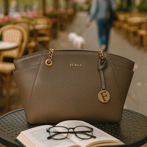 NEW FURLA Julia Daino Taupe Saffiano Leather Chain Tote Bag - AUTHENTIC FURLA